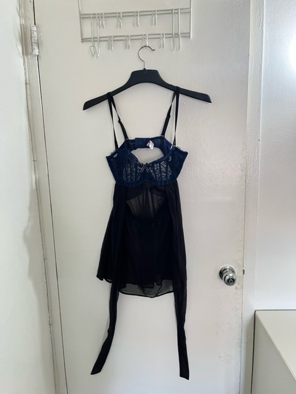 Adore Me Sheer Black Babydoll Chemise with Navy Lace Bust - Picture 1 of 10